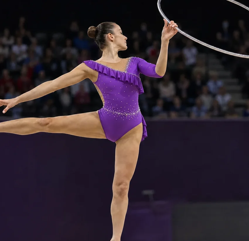 Projection du mouvement d’un justaucorps de gymnastique rythmique violet avec volant
