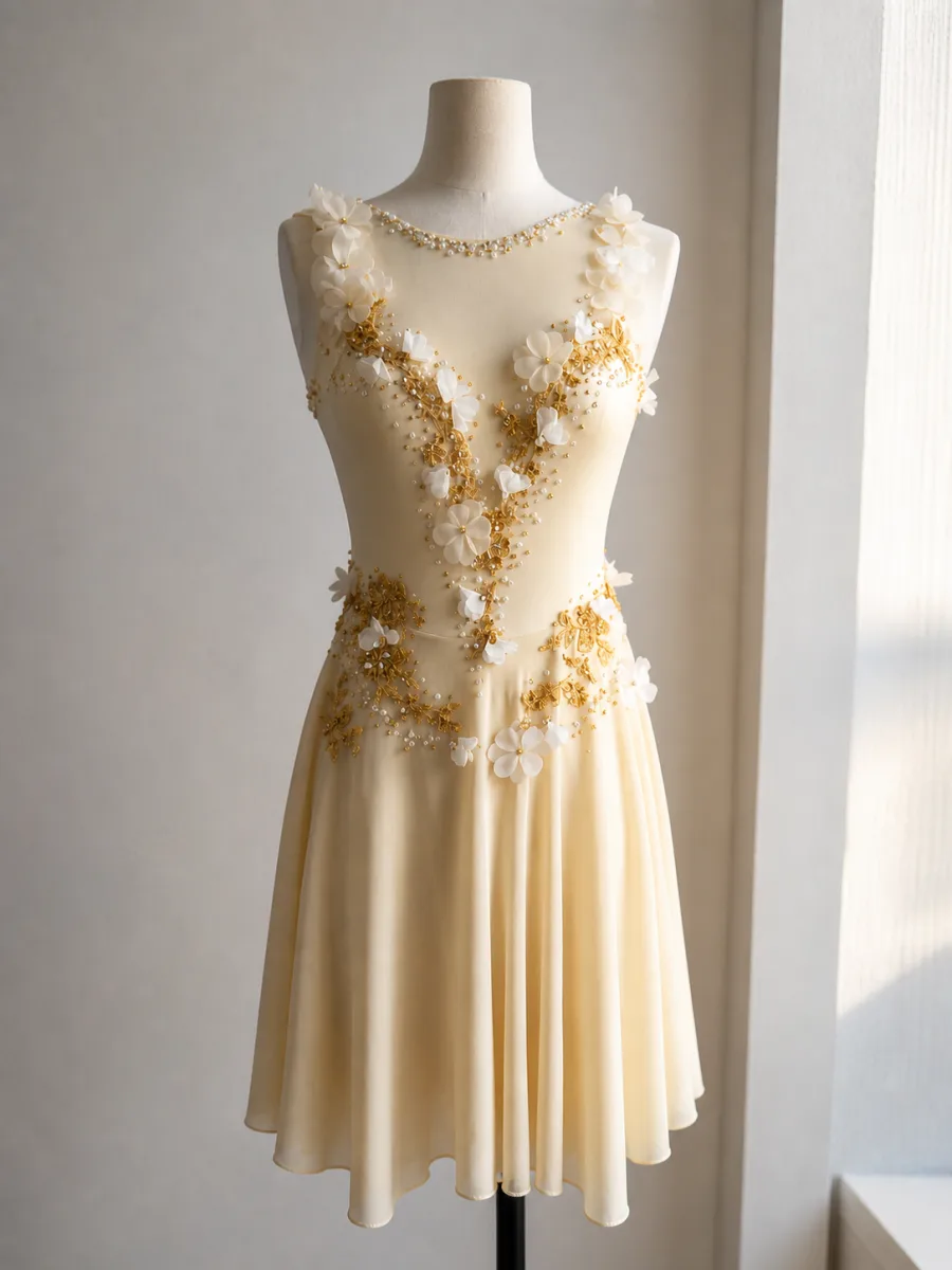 Robe de patinage artistique crème sur mesure ornée de fleurs blanches et dorées