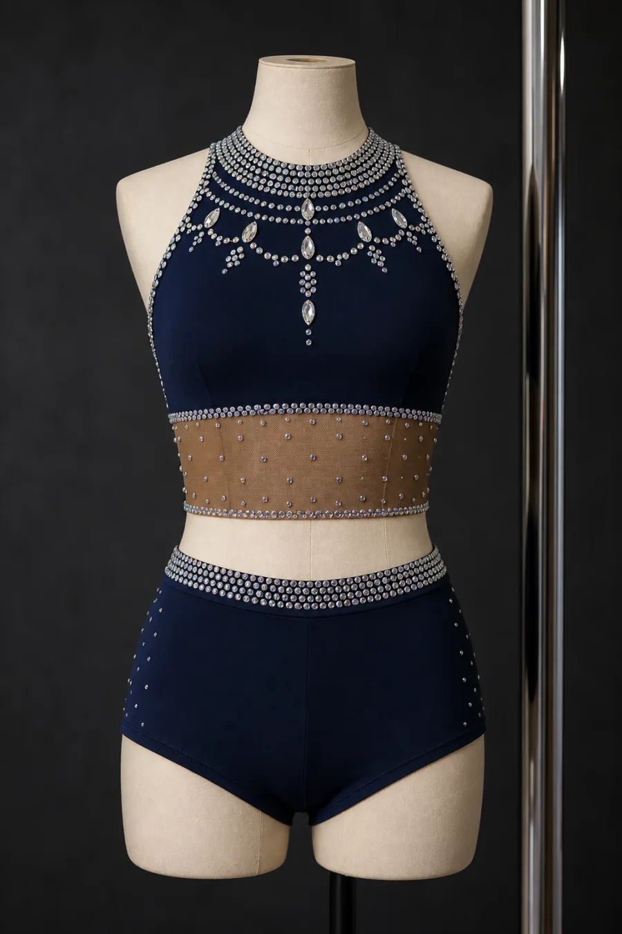 Visualisation de face d’un ensemble de pole dance sur mesure bleu nuit et strass