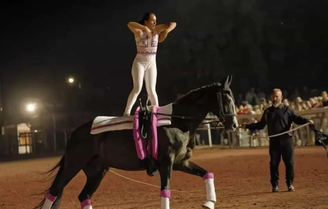 Voltigeuse portant un justaucorps blanc et rose Leprince Studio sur un cheval en mouvement