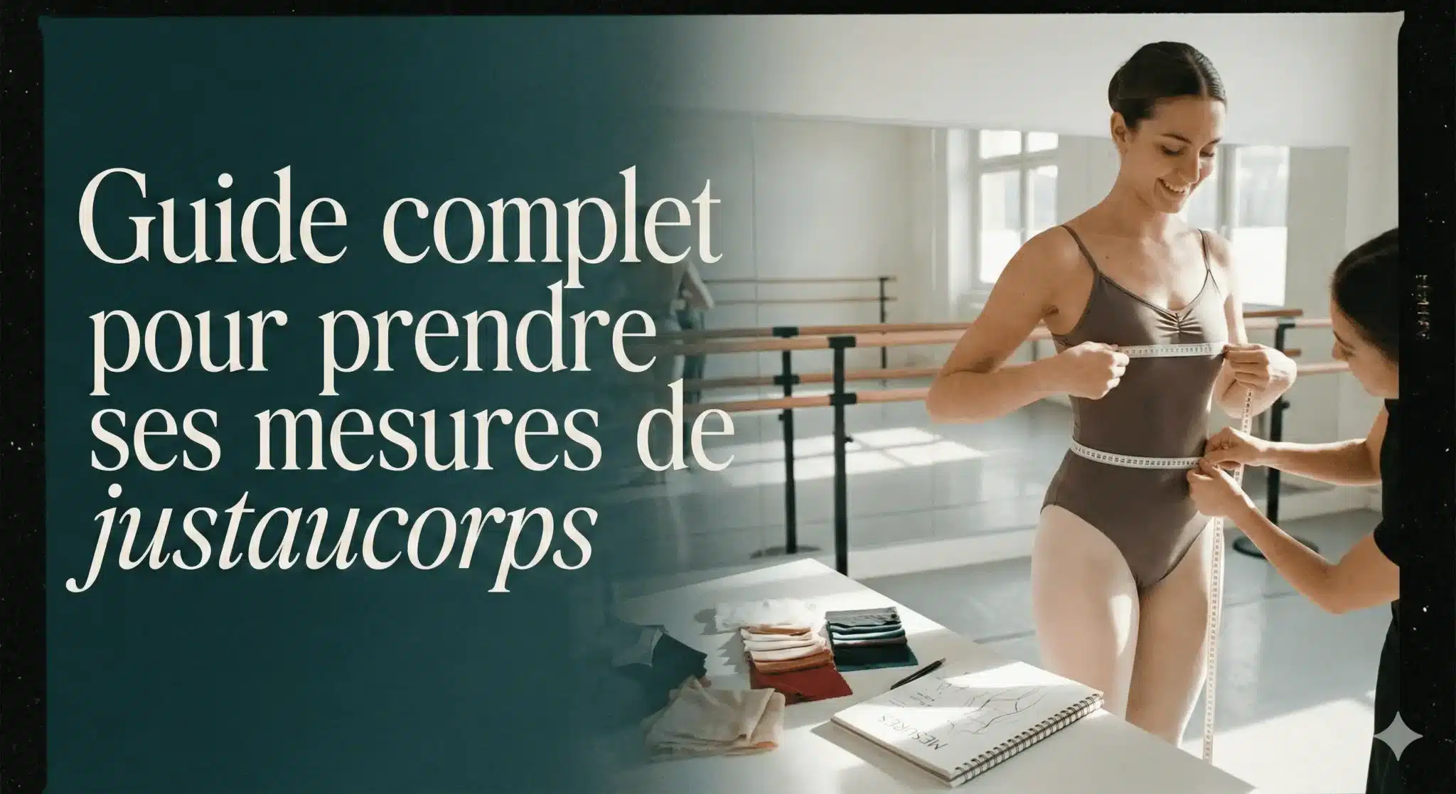 Femme en studio de danse prenant ses mesures pour un justaucorps personnalisé.