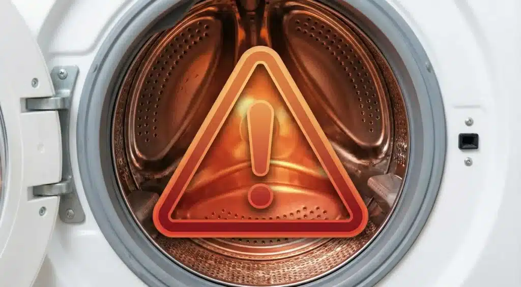 Gros plan sur un tambour de machine à laver avec un symbole d'avertissement orange et rouge superposé.