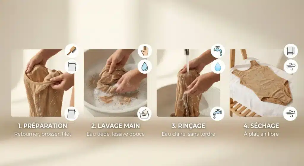 Infographie montrant les étapes : préparation (retourner le vêtement), lavage main à l'eau tiède, rinçage sans tordre, et séchage à plat.