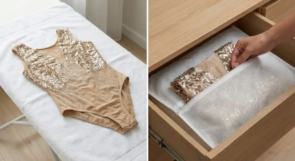 Comparaison entre un justaucorps simple d'entraînement posé sur une machine et un modèle de compétition à strass lavé délicatement à la main.