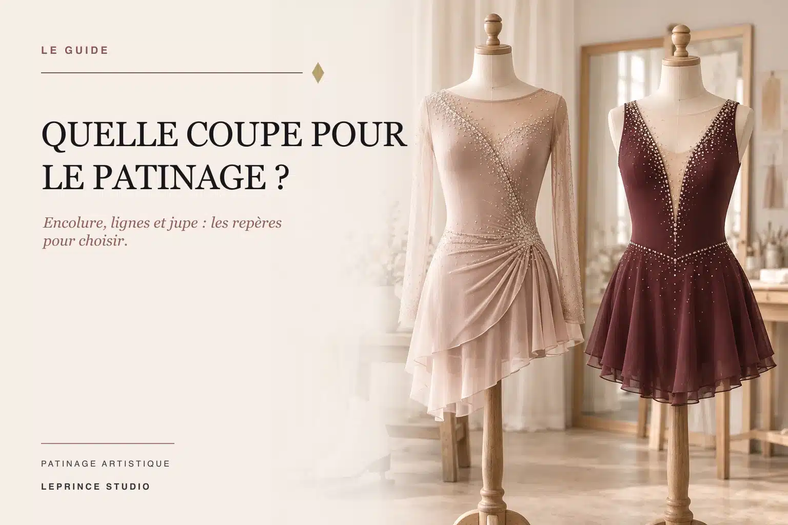 Deux coupes de robe de patinage artistique présentées dans un atelier lumineux.