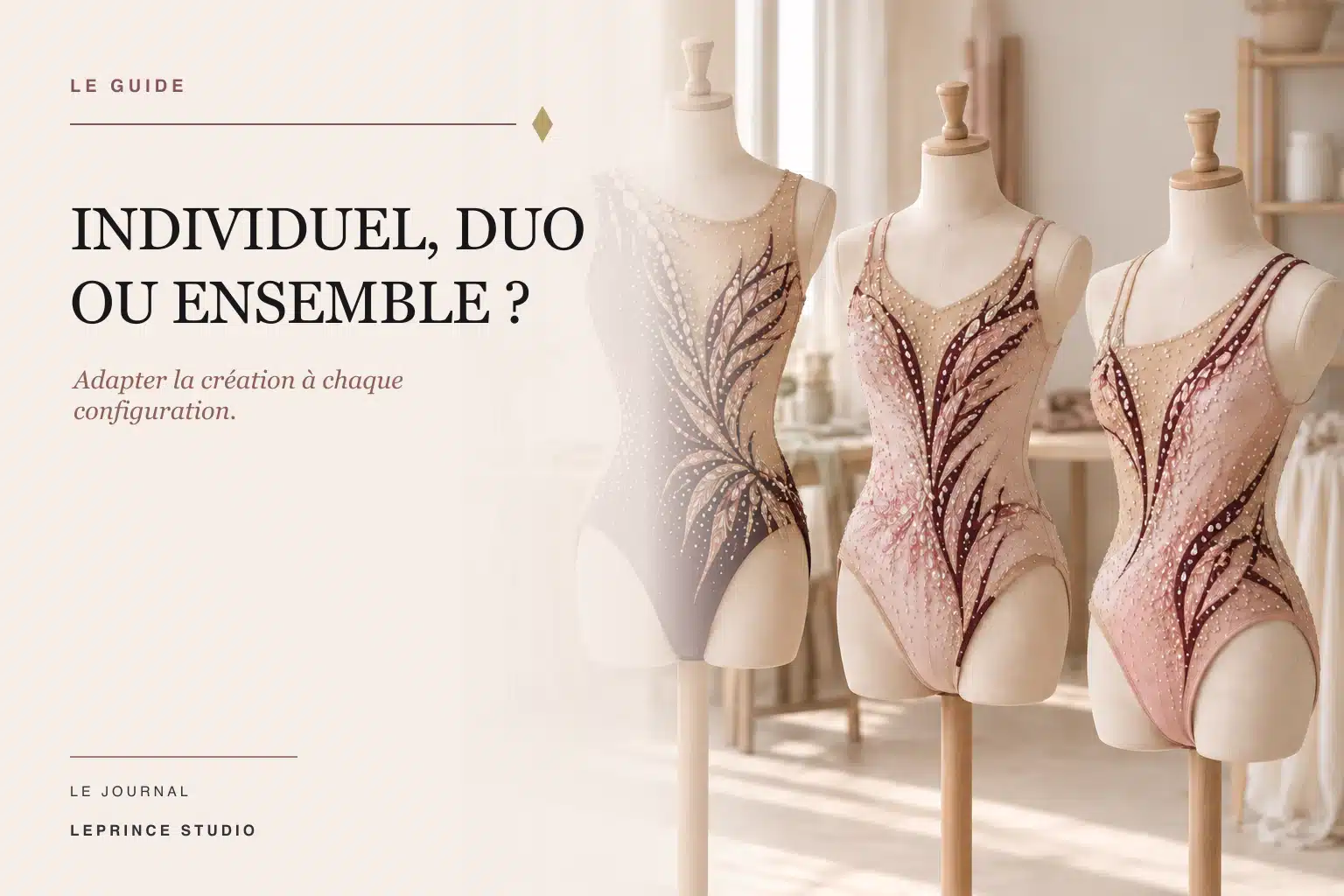 Trois justaucorps de gymnastique rythmique pour une création individuelle, un duo ou un ensemble.