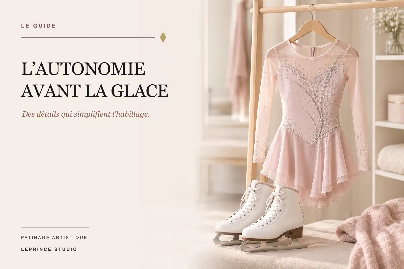 Robe de patinage artistique enfant et patins blancs dans un vestiaire lumineux.