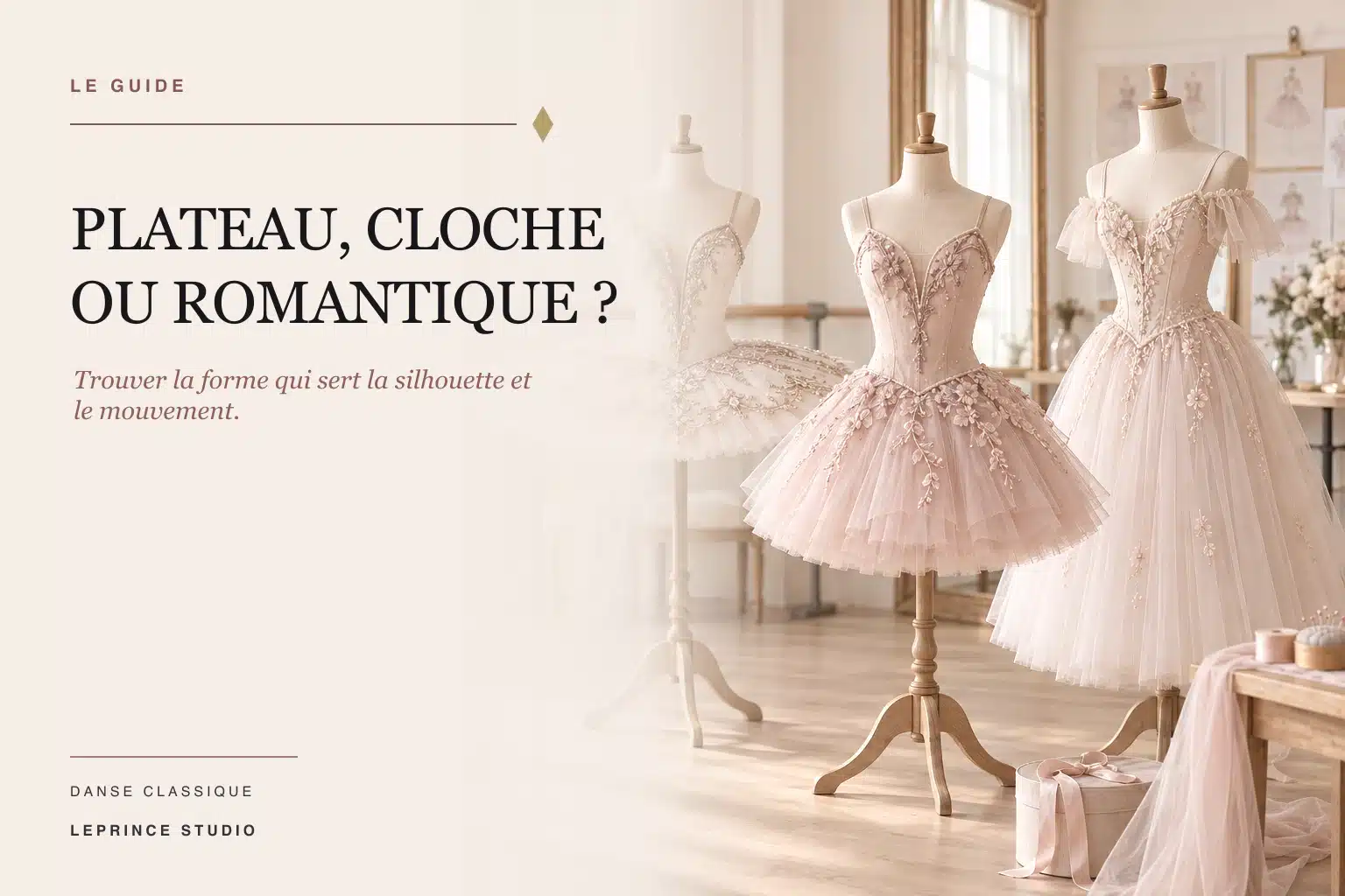 Trois formes de tutu de danse classique : plateau, cloche et romantique.